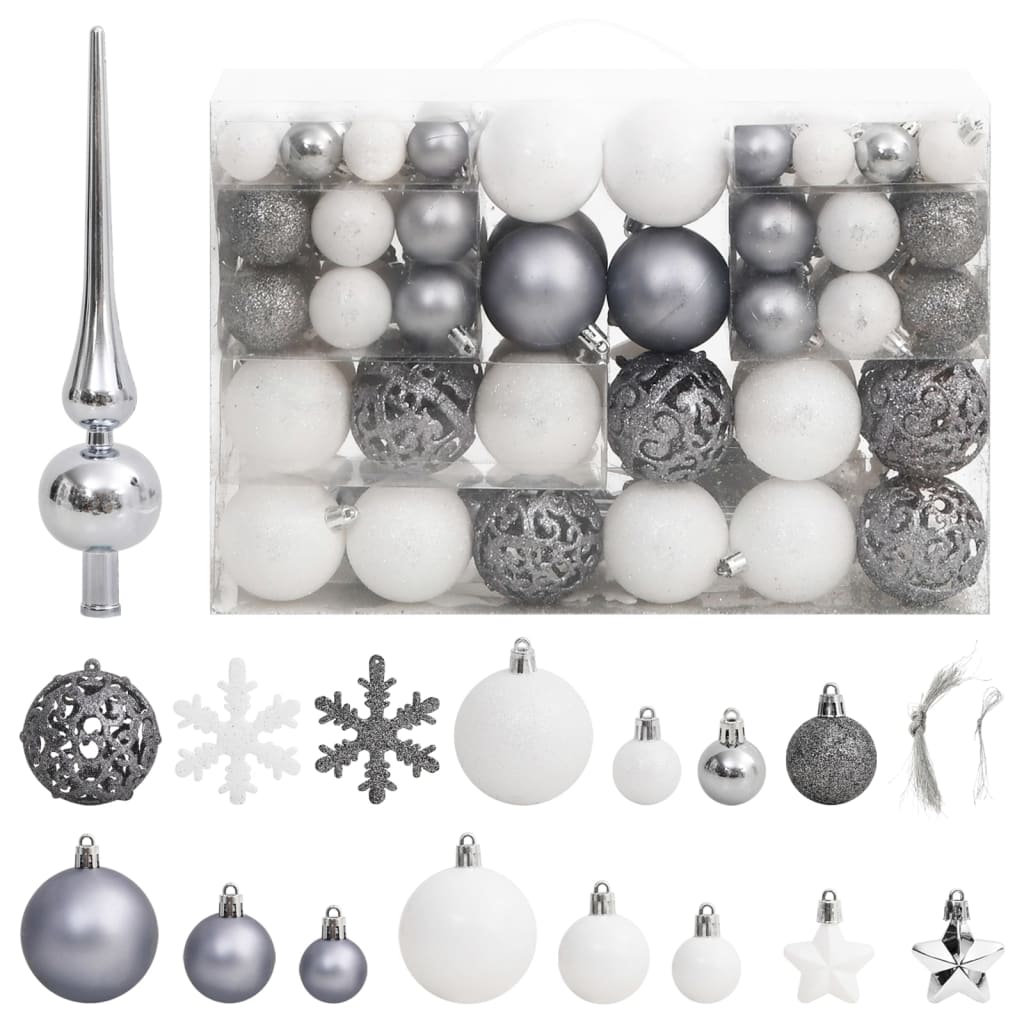 Vidaxl 111 partes Juego de bolas de Navidad Poliestireno blanco y gris