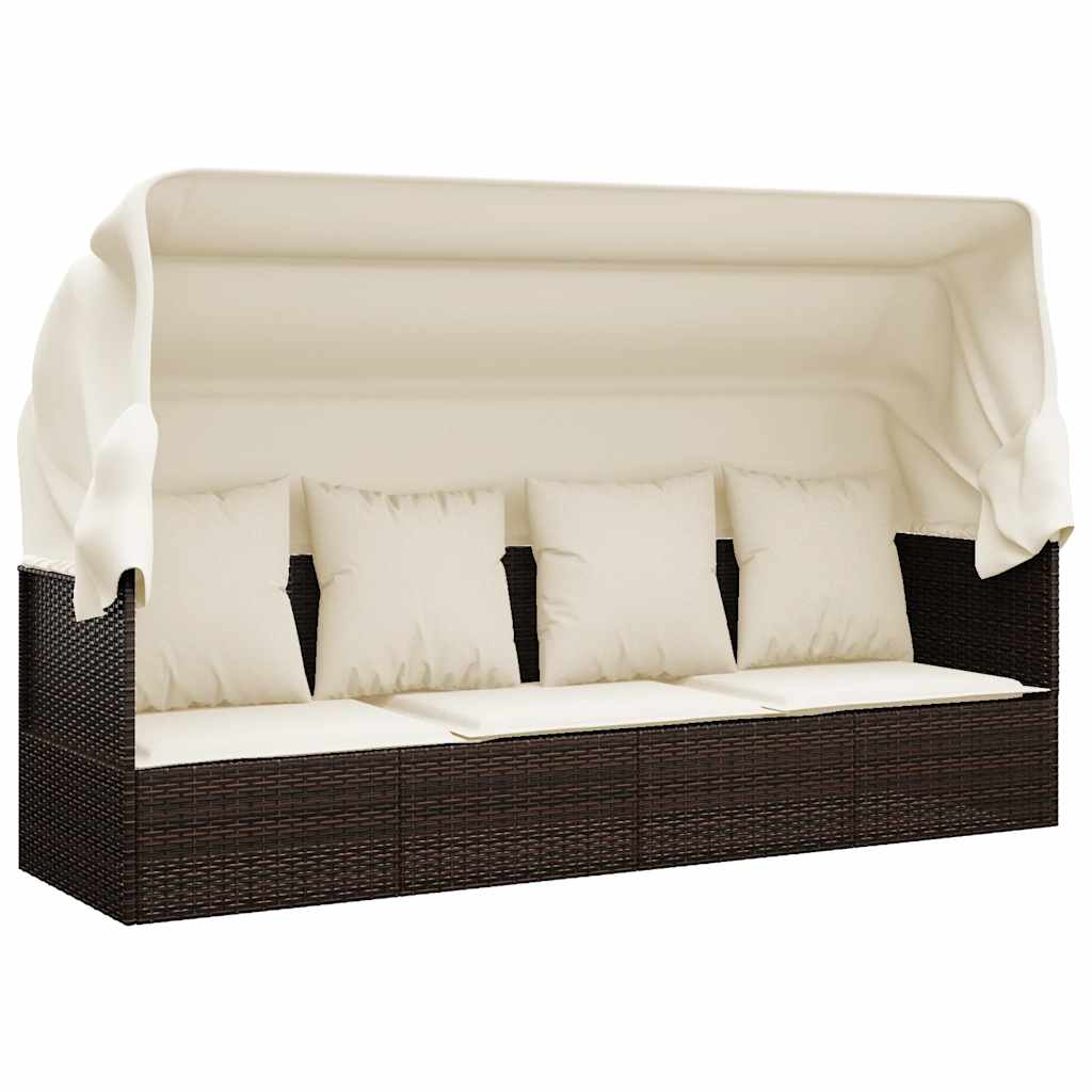Vidaxl loungebed met luifel en kussens poly rattan bruin