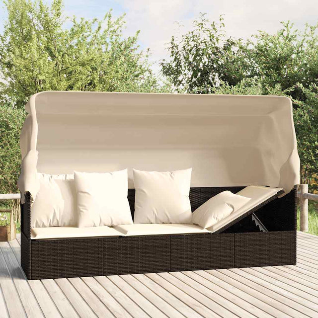 Vidaxl loungebed met luifel en kussens poly rattan bruin