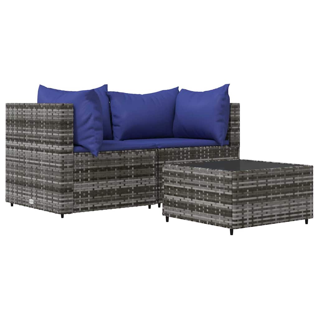 Vidaxl 3-delige loungeset met kussens poly rattan grijs