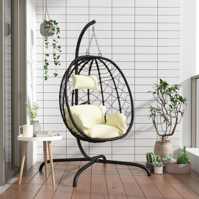 Vidaxl hangende ei-stoel met kussen crèmewit poly rattan staal