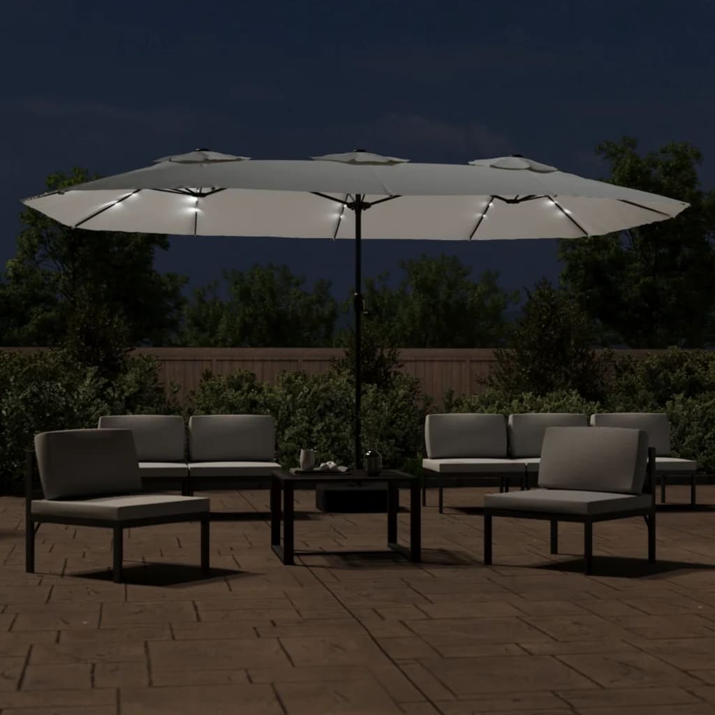 Vidaxl Parasol dvojna streha z LED 449x245 cm peščena bela