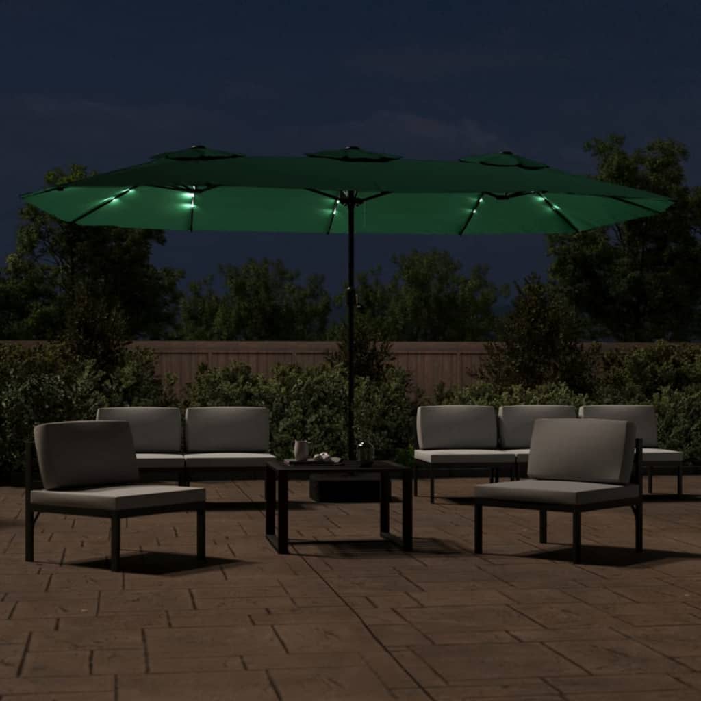 Vidaxl Parasol dvojna streha z LED 449x245 cm zelena