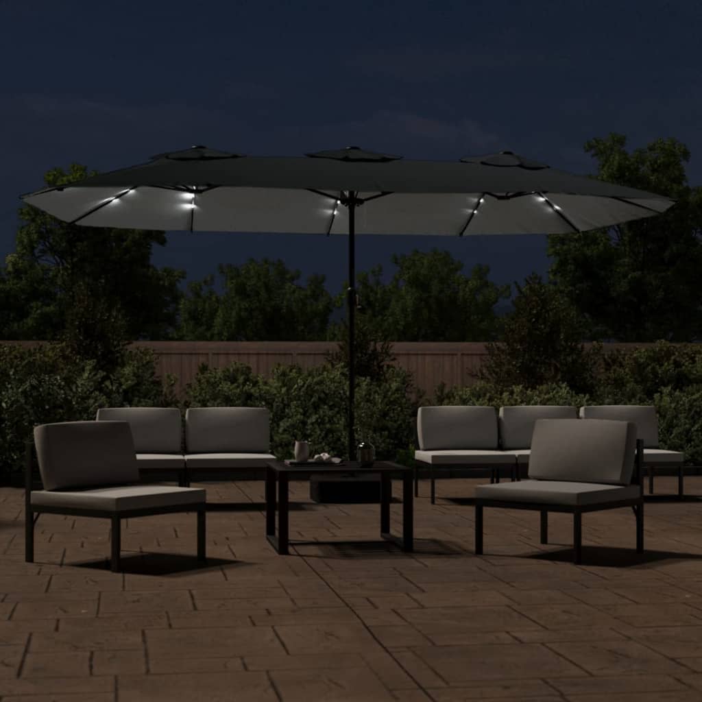 Vidaxl Parasol dvojna streha z LED 449x245 cm antracit -obarvana