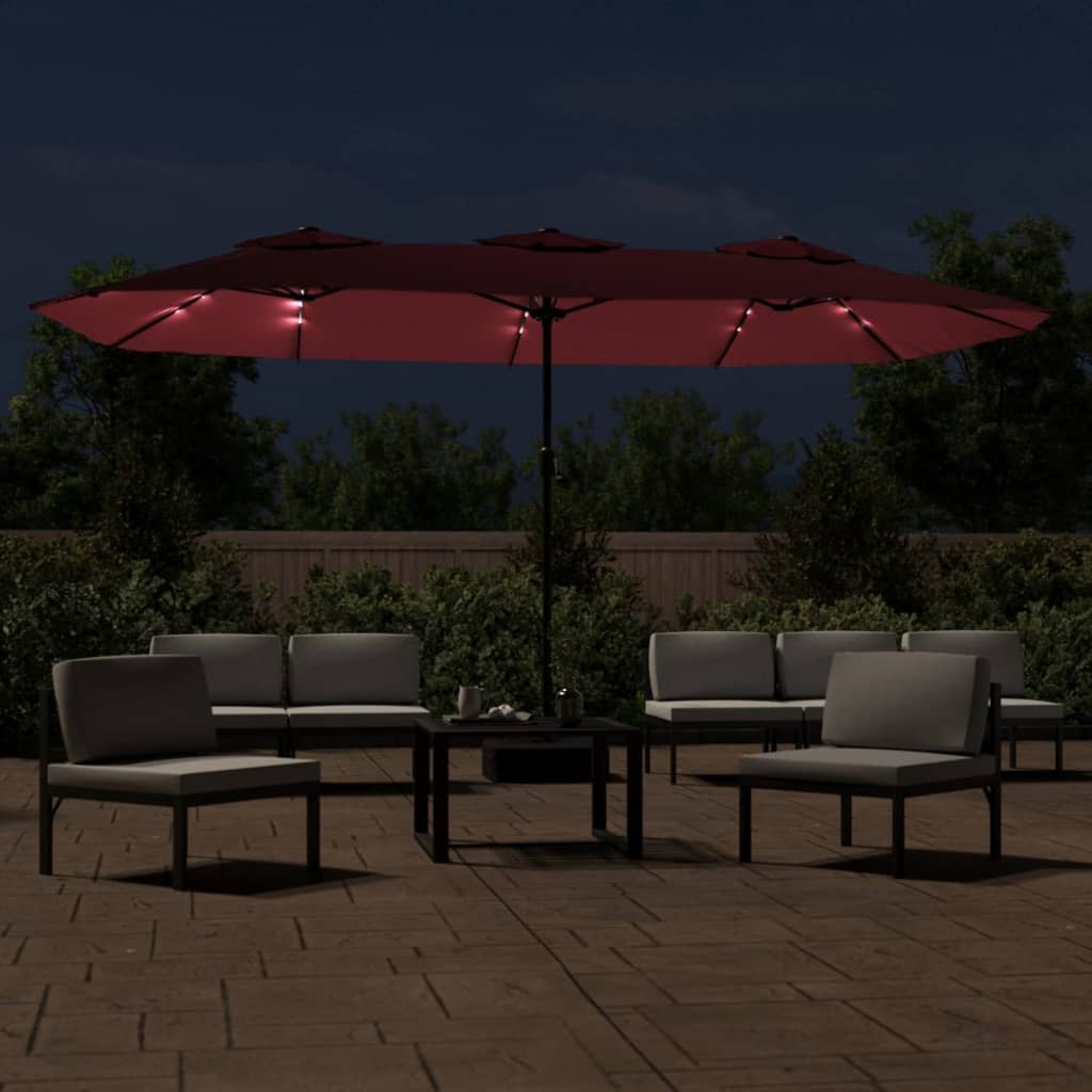 Vidaxl Parasol dvojna streha z LED 449x245 cm Bordeaux Red