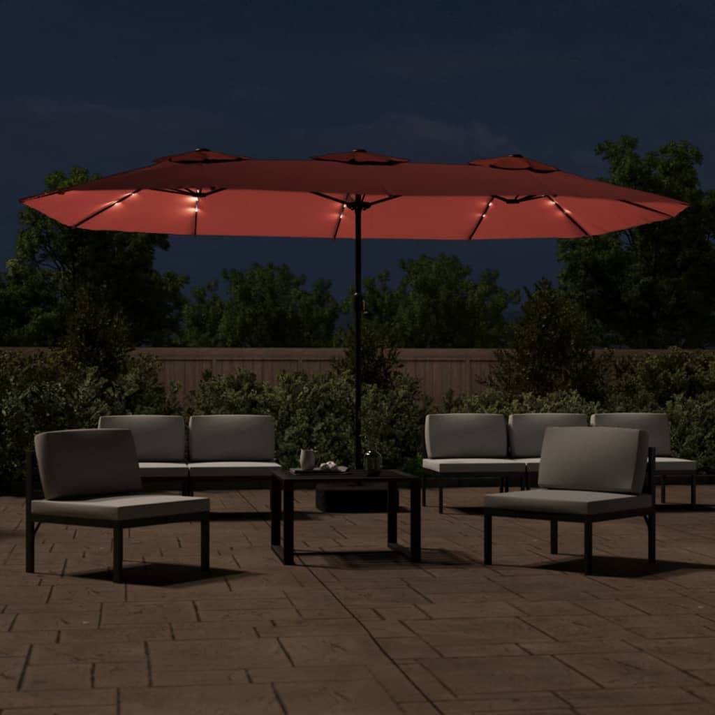 Vidaxl Parasol dvojna streha z LED 449x245 cm Terracotta -CORORED