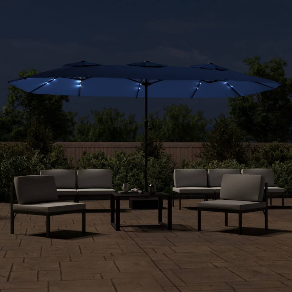 Vidaxl Parasol dvojna streha z LED 449x245 cm azure modra