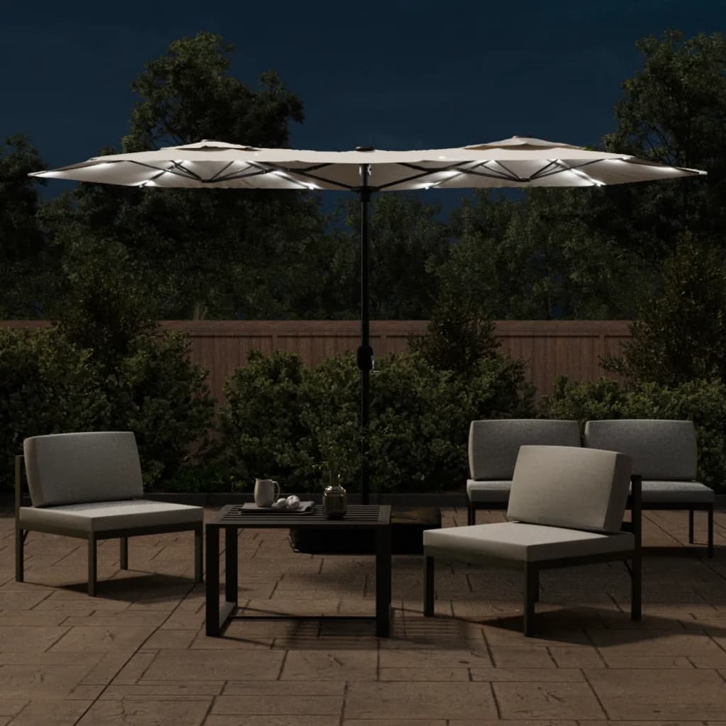 Vidaxl Parasol podwójny dach z diodą LED 316x240 cm piaskową biały