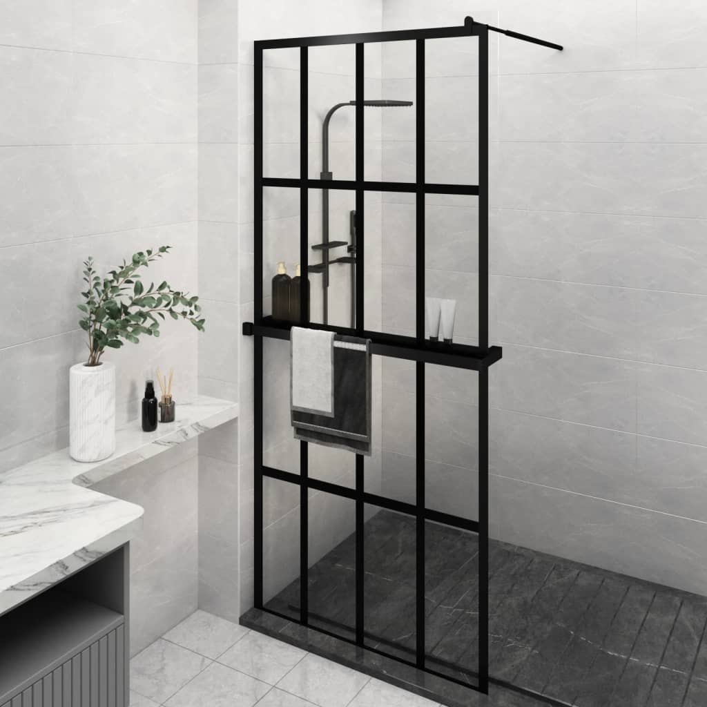 Vidaxl Walk-in shower wall with shelf 100x195 cm ESG-Glas Aluminum Black