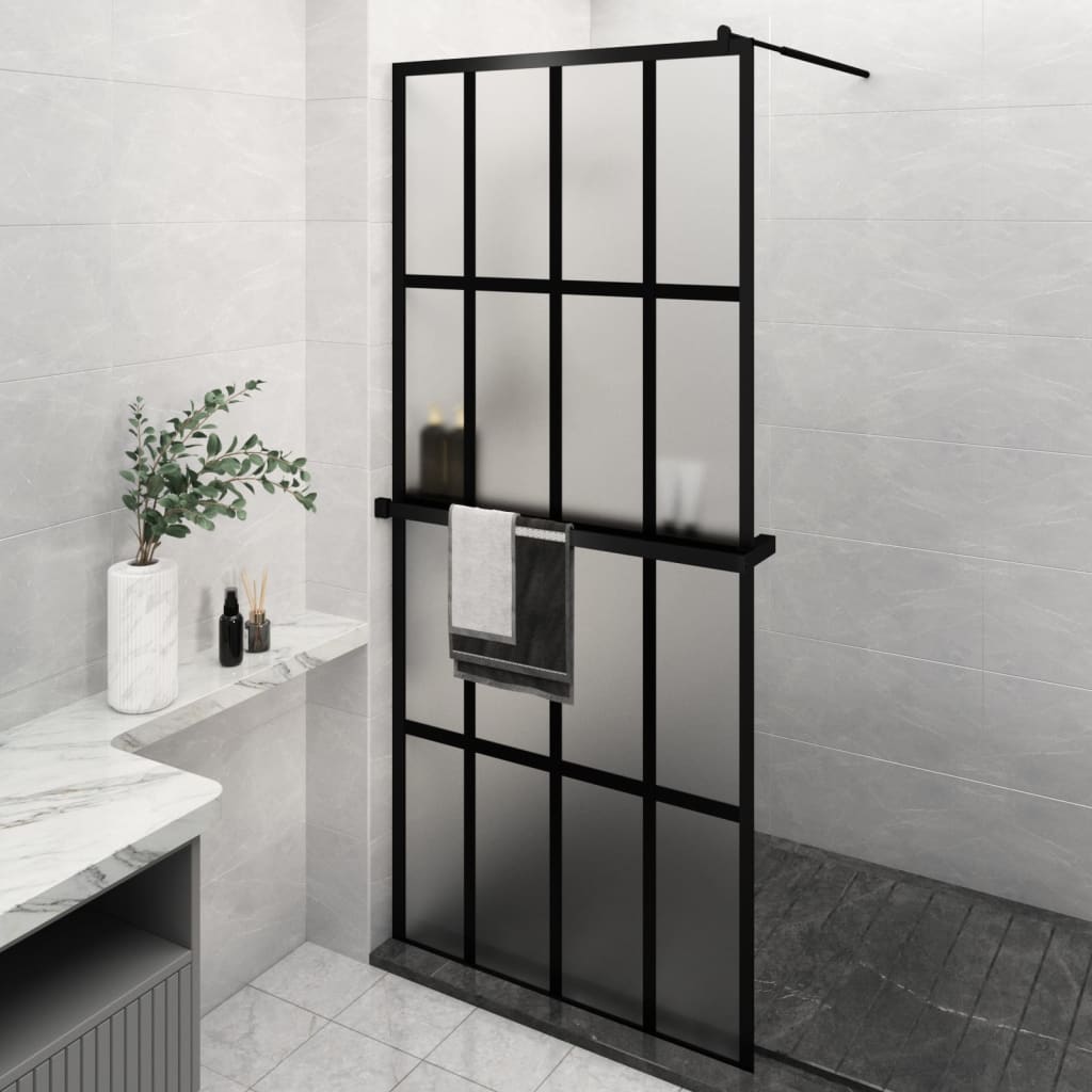 Vidaxl Walk-in shower wall with shelf 100x195 cm ESG-Glas Aluminum Black