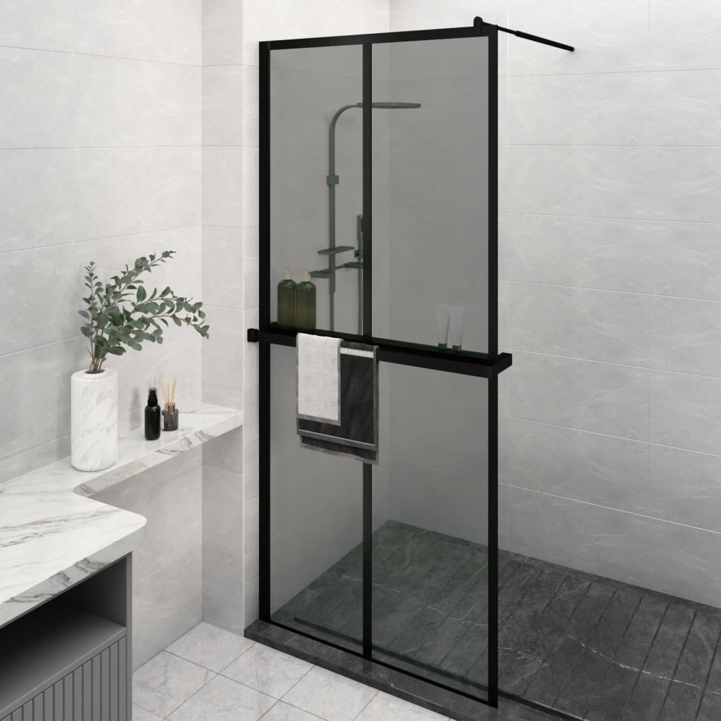 Vidaxl Walk-in shower wall with shelf 100x195 cm ESG-Glas Aluminum Black