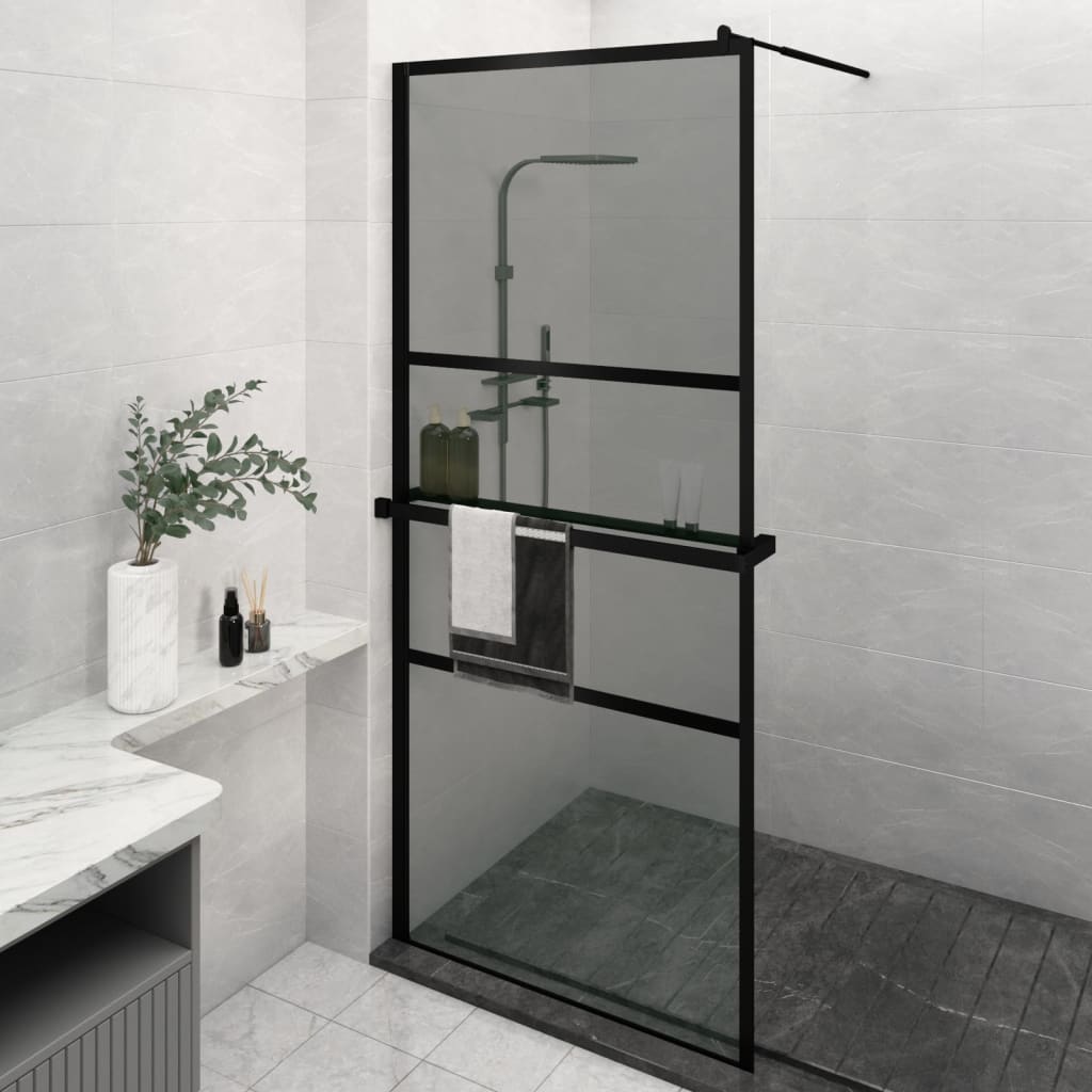 Vidaxl Walk-in shower wall with shelf 100x195 cm ESG-Glas Aluminum Black