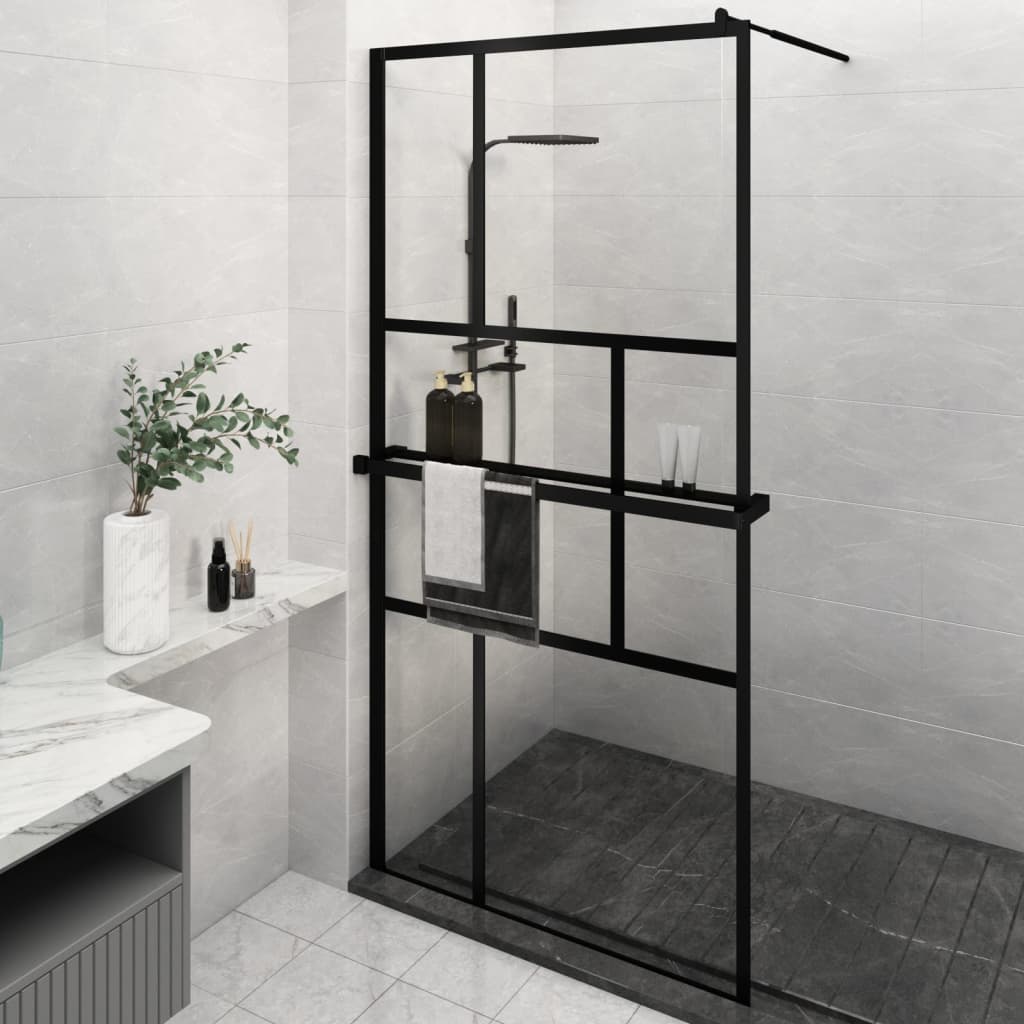 Vidaxl Walk-in shower wall with shelf 115x195 cm ESG-Glas Aluminum Black