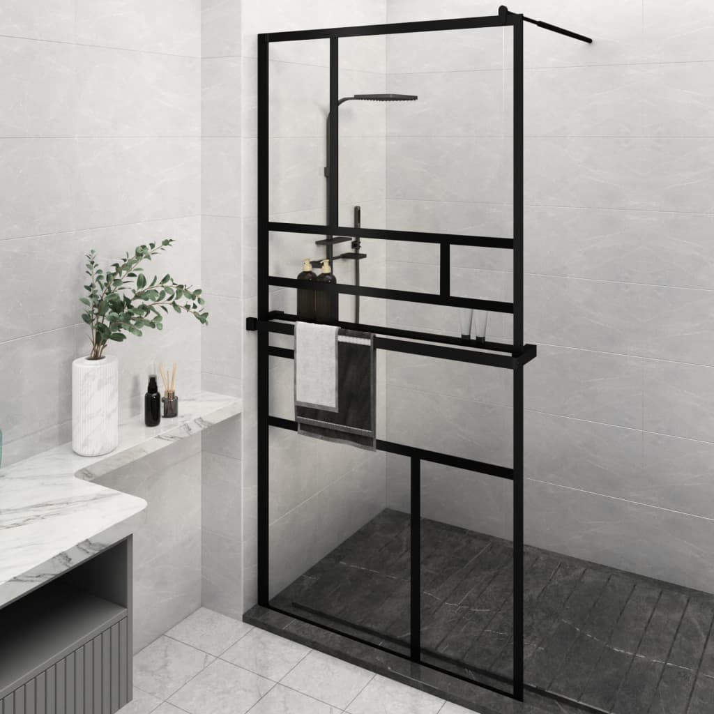 Vidaxl Walk-in shower wall with shelf 115x195 cm ESG-Glas Aluminum Black