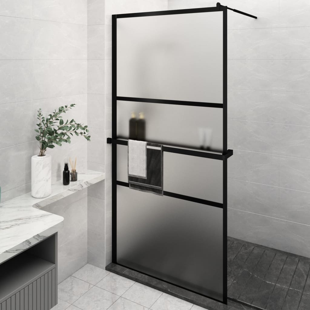 Vidaxl Walk-in shower wall with shelf 115x195 cm ESG-Glas Aluminum Black