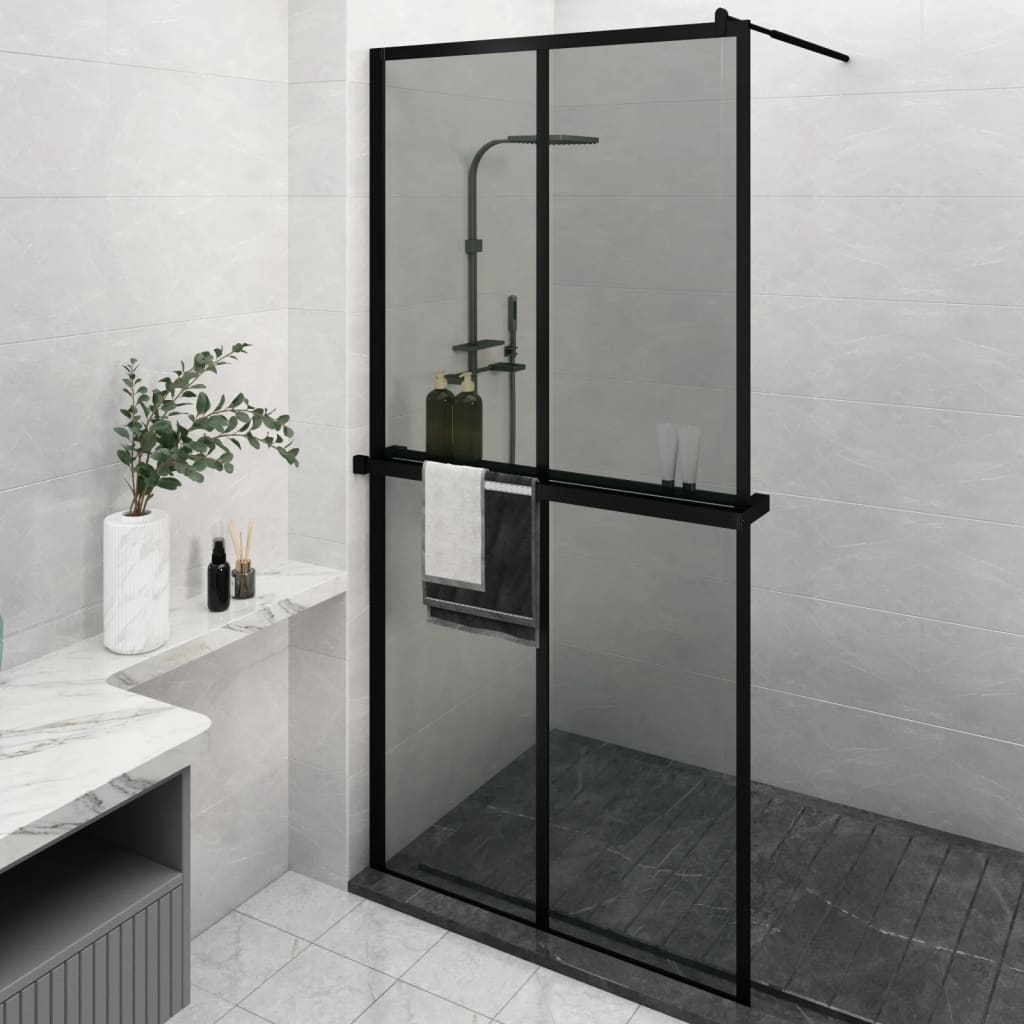 Vidaxl Walk-in shower wall with shelf 118x190 cm ESG-Glas Aluminum Black