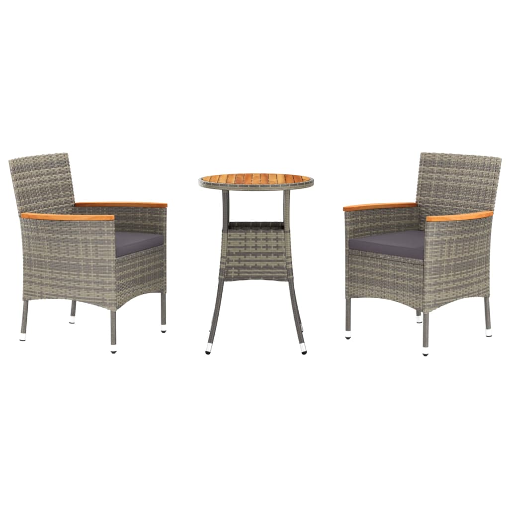 Vidaxl 3-delige bistroset met kussens poly rattan grijs