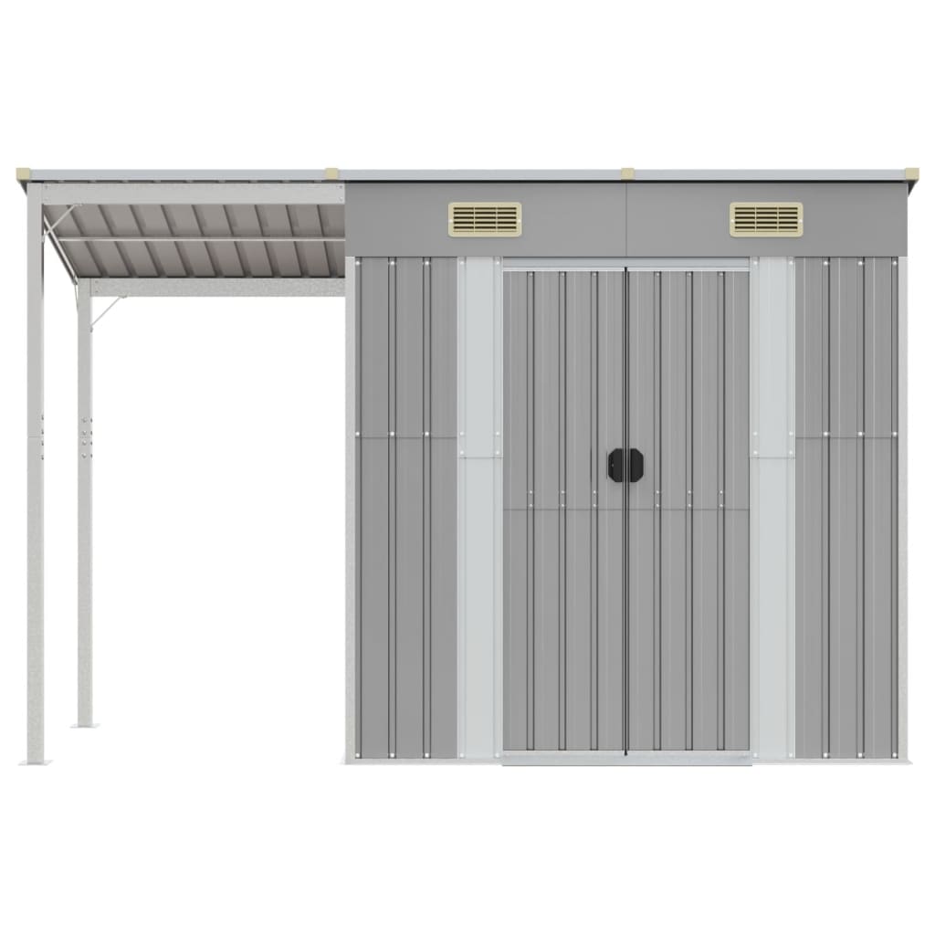 Cobertizo de jardín Vidaxl con techo extendido 277x110.5x181 cm de acero gris claro