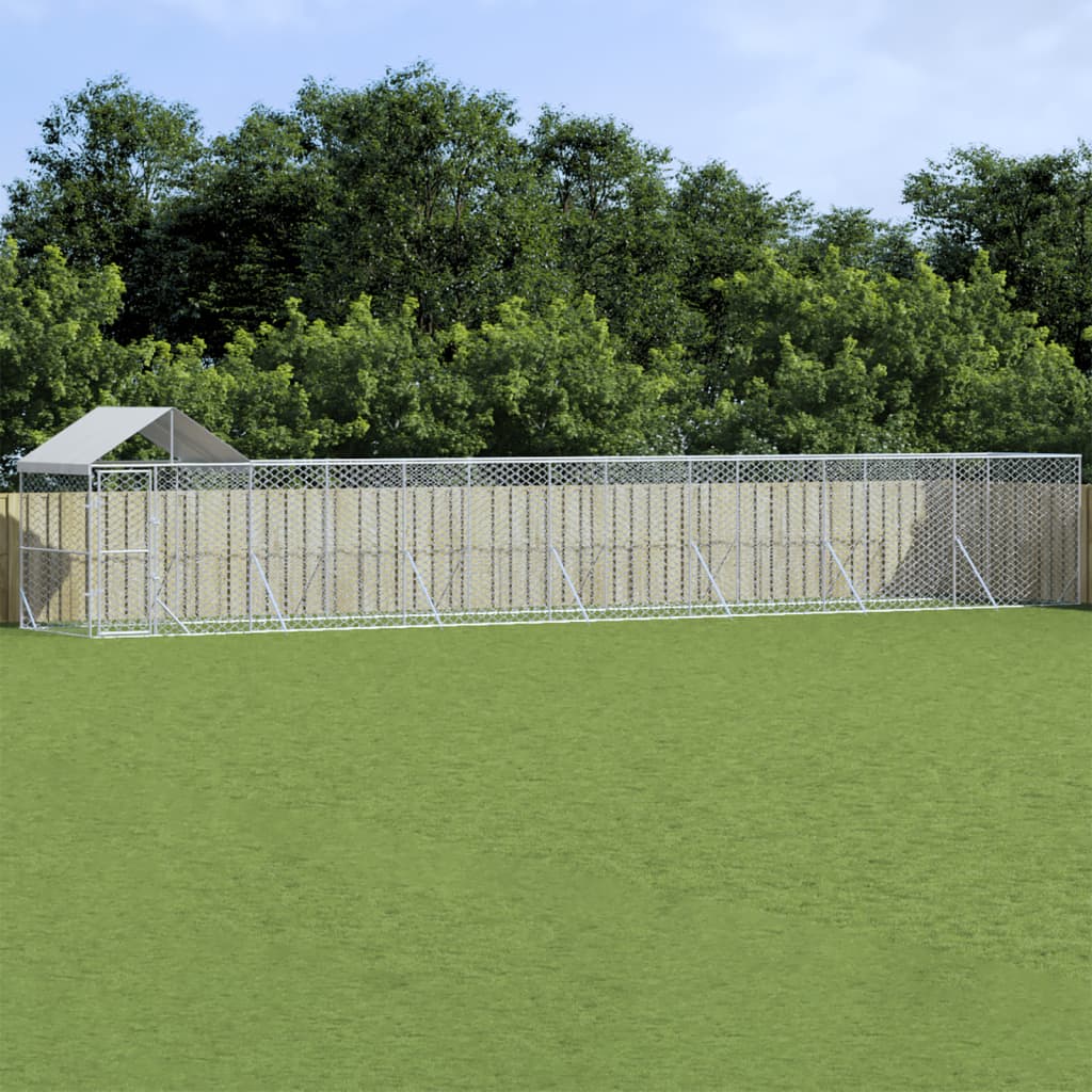 Vidaxl Hond Kennel mam Daach 14x2x2.5 m galvaniséiert Stol Sëlwer