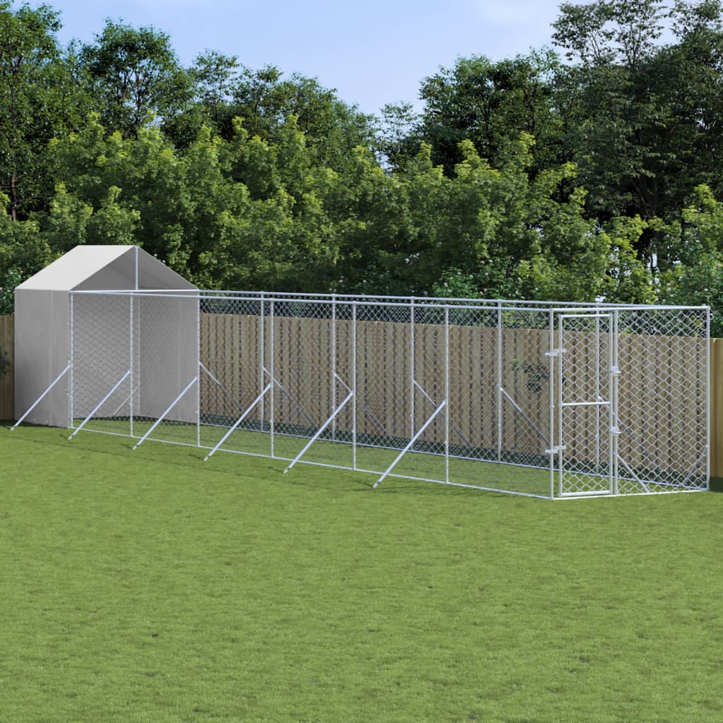 Vidaxl Hond Kennel mam Daach 2x14x2.5 m galvaniséiert Stol Sëlwer