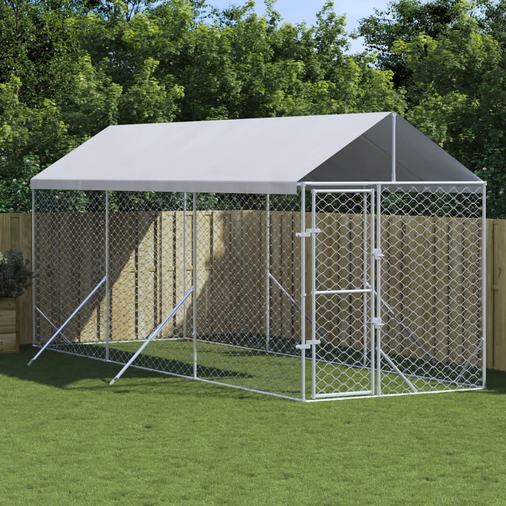 Vidaxl Hond Kennel mam Daach 2x6x2.5 m galvaniséiert Stol Sëlwer