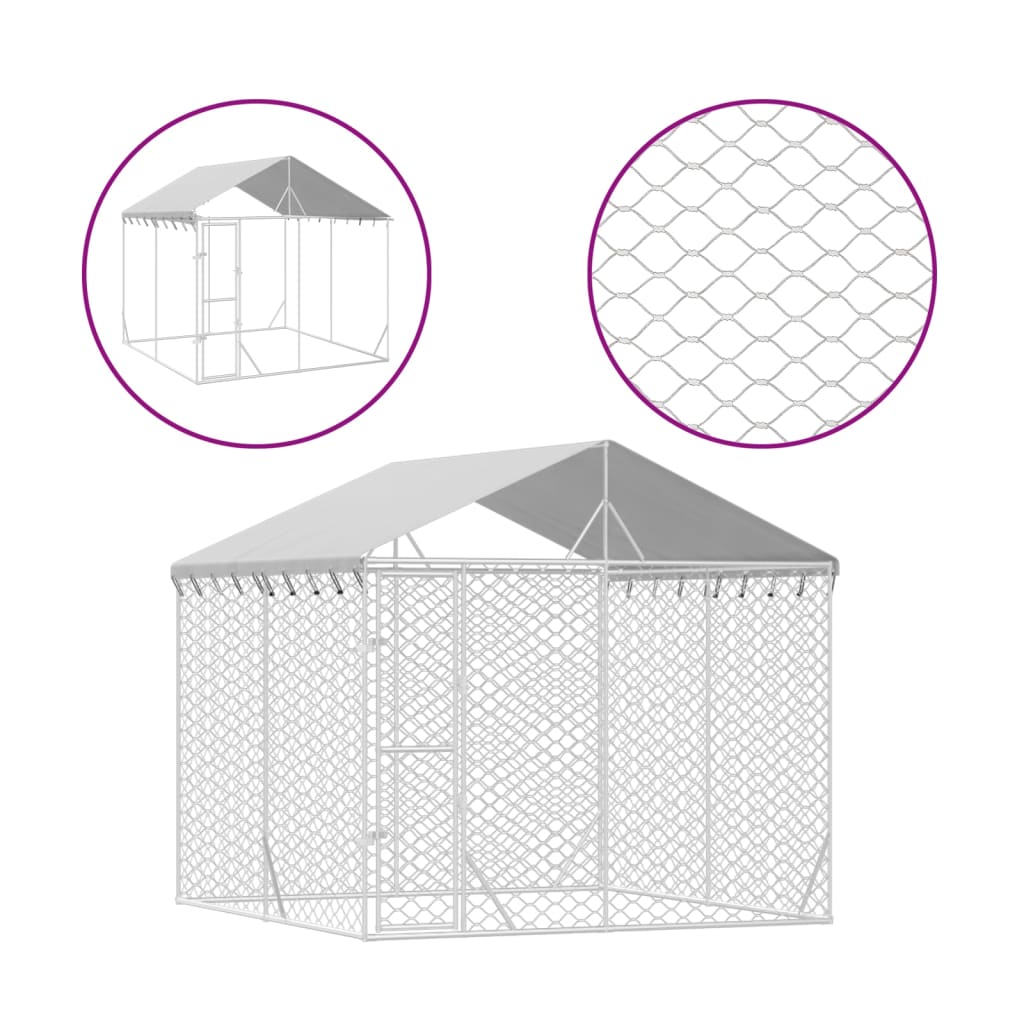 Bidaxl hundkennel med tak 3x3x2,5 m galvaniserad stål silverfärg