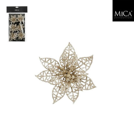 Mica decorations clip poinsettia 1x8 cm 6 stuks champagne