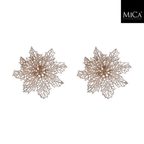 Mica decorations clip poinsettia 3x13.5 cm 2 stuks champagne
