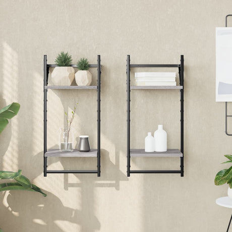 Vidaxl wandschappen 2-laags met stangen 2 st 30x25x65 cm grijs sonoma
