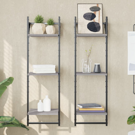 Vidaxl wandschappen 3-laags met stangen 2 st 30x25x100 cm grijs sonoma