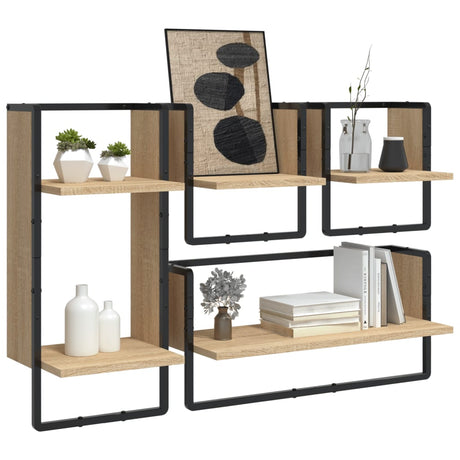 Vidaxl 4-delige wandschappenset met stangen bewerkt hout sonoma eiken