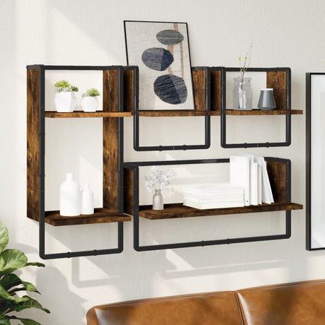 Vidaxl 4-delige wandschappenset met stangen bewerkt hout gerookt eiken
