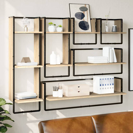 Vidaxl 6-delige wandschappenset met stangen bewerkt hout sonoma eiken