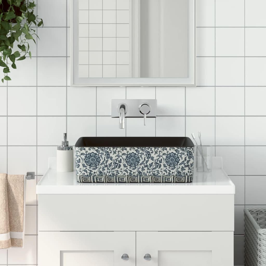Vidaxl opzetwasbak rechthoekig 46x35,5x13 cm keramiek zwart en blauw