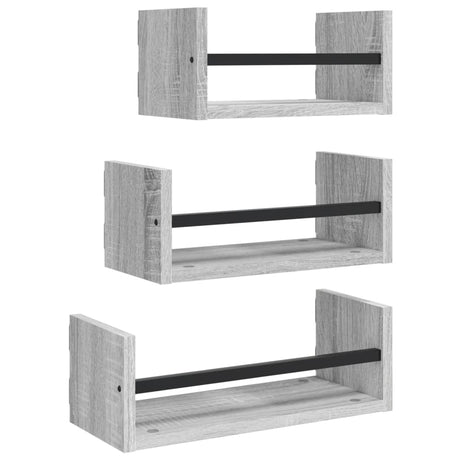 Vidaxl 3-delige wandschappenset met stangen bewerkt hout grijs sonoma