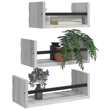 Vidaxl 3-delige wandschappenset met stangen bewerkt hout grijs sonoma