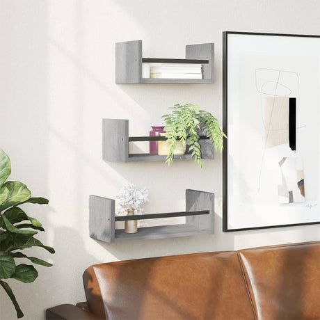 Vidaxl 3-delige wandschappenset met stangen bewerkt hout grijs sonoma