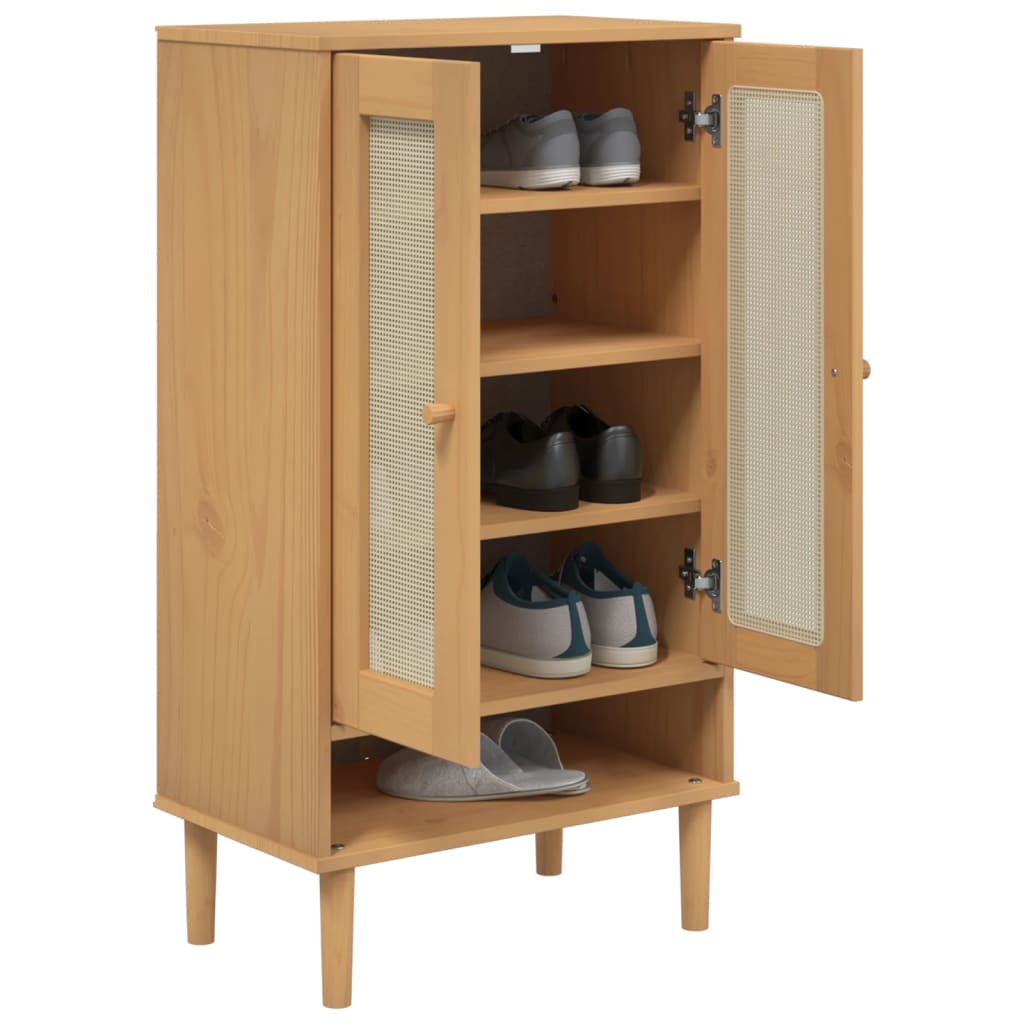 Vidaxl Shoe cabinet Senja 59.5x35x107 cm Rattan Look Pine Wood Brown