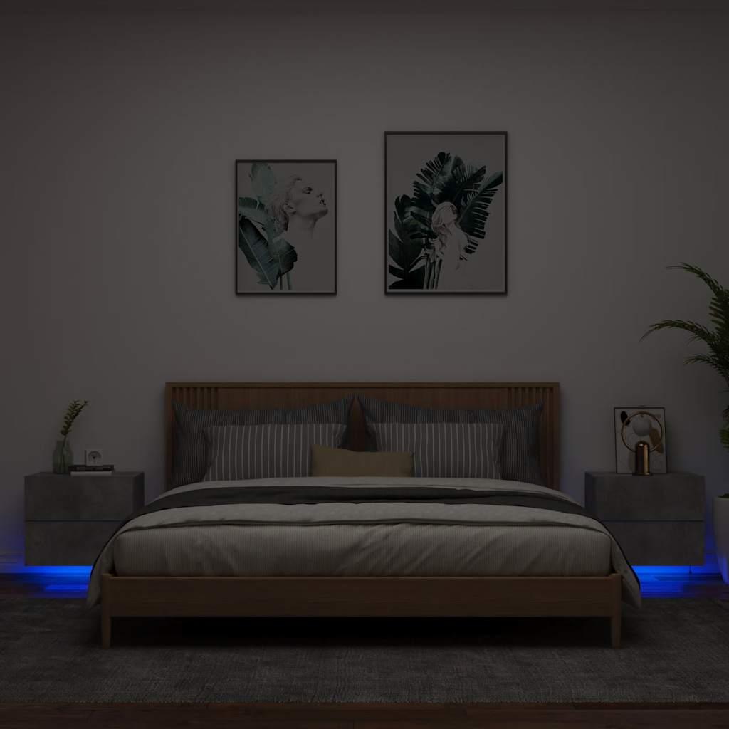 Vidaxl nachtkastjes met led's 2 st wandgemonteerd betongrijs