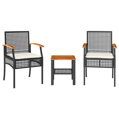 Vidaxl 3-delige bistroset met kussens poly rattan en acaciahout zwart