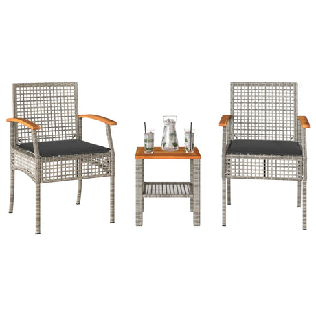 Vidaxl 3-delige bistroset met kussens poly rattan en acaciahout grijs