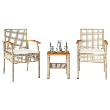 Vidaxl 3-delige bistroset met kussens poly rattan en acaciahout beige