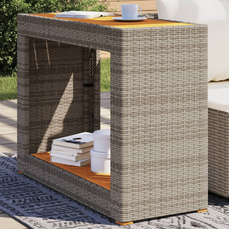 Vidaxl tuinbijzettafel met houten blad 100x40x75 cm poly rattan grijs