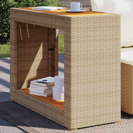 Vidaxl tuinbijzettafel met houten blad 100x40x75 cm poly rattan beige