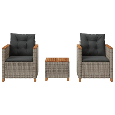 Vidaxl 3-delige bistroset met kussens poly rattan en acaciahout grijs