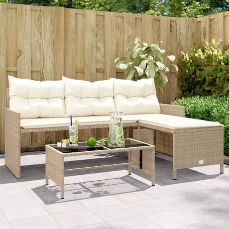 Vidaxl tuinbank met tafel en kussens l-vormig poly rattan beige