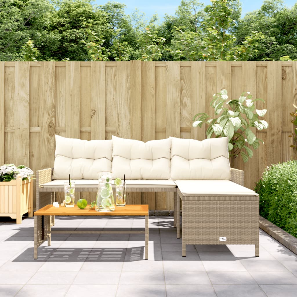 Vidaxl tuinbank met tafel en kussens l-vormig poly rattan beige