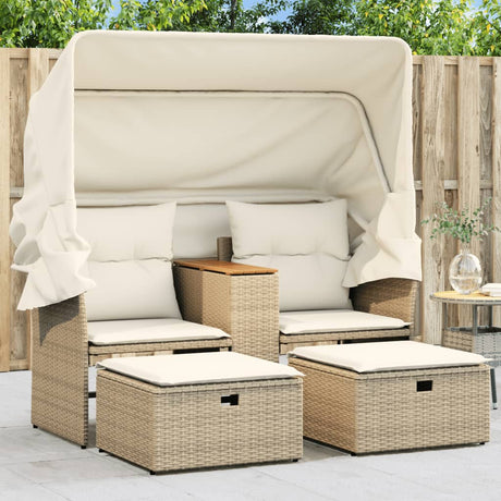 Vidaxl tuinbank 2-zits met luifel en voetenbanken poly rattan beige