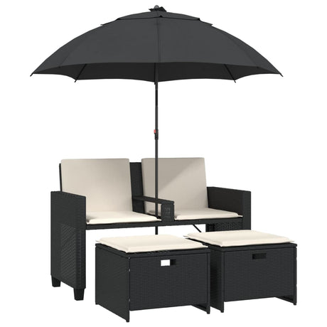 Vidaxl tuinbank 2-zits met parasol en voetenbanken poly rattan zwart