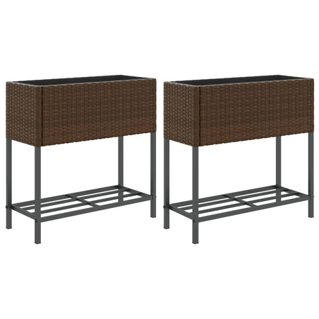 Vidaxl plantenbakken met schap 2 st 70x28x70 poly rattan bruin